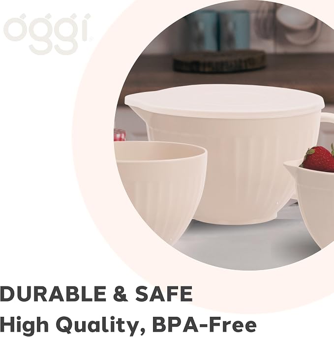 Oggi Set of 3 Mixing Bowls with Pour Spout - Nested Plastic Bowls for Kitchen, Durable Mixing Bowls with Lid Set, BPA-Free Plastic Bowls with Lid - 0.5, 1, 2 Qt
