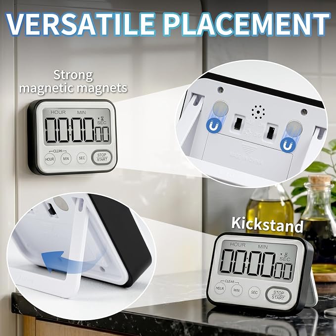 Digital Kitchen Timer Magnetic Loud Alarm & Silent Flashing, Large LCD Display Countdown Clock for Cooking, Classroom, Teachers, Kids, Study, Workout, Black