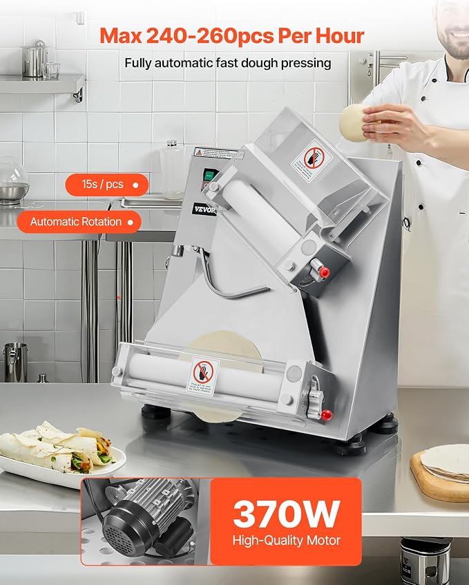VEVOR Pizza Dough Roller Sheeter, 3-14 Inch Automatic Stainless Steel Pizza Press, Commercial Electric 370W Pasta Maker Machine, 260 pcs Per Hour, Adjustable Thickness, with Dough Press Lid