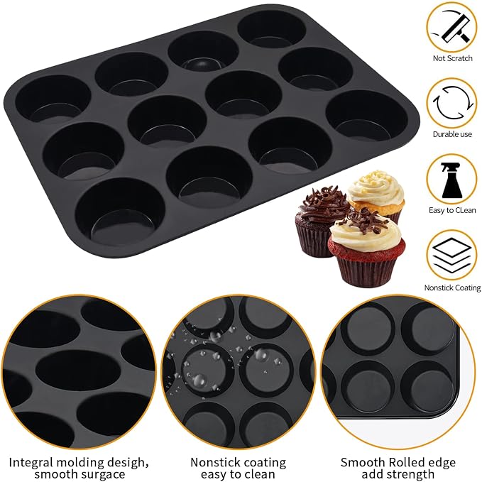 Silicone Muffin Pan Set,2 Pcs 2.8" 12 Cups Egg Bite Mold,Non-Stick,Easy Release,For Egg Muffins, Cupcakes, Large Muffins,Pizza Muffins,Cheesecakes(Black + Red)