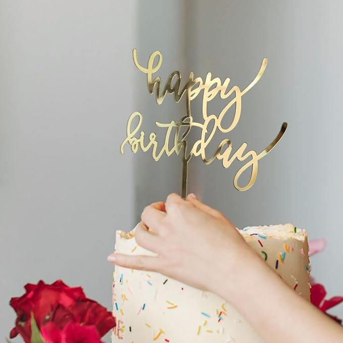 6-Pack Gold Happy Birthday Cake Toppers, 5" x 6.5" Acrylic Happy Birthday Sign for Cake Decorations