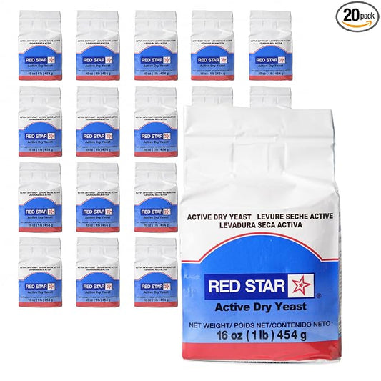 Red Star Active Dry Yeast, 16 oz (1 Pound) | 20 Pack Bulk Case | Vacuum Sealed Traditional Baker's Yeast for Bread Making, Pizza Crusts, & Commercial Kitchens | Non-GMO, Gluten-Free and Vegan