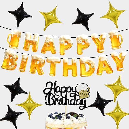 FBQ Beer Happy Birthday Themed Party Beer Banner Happy Birthday Cake Topper Boys Girls Party Supplies