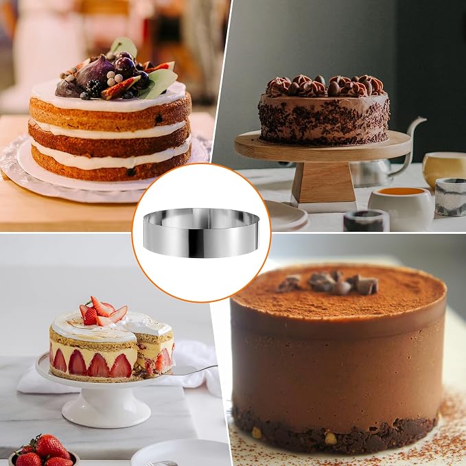 HARFINGTON 2PCS Round Cake Ring 8 x 2 Inch Seamless Stainless Steel Pastry Mousse Dessert Ring Mirror Coating for Baking Cooking Making Tool
