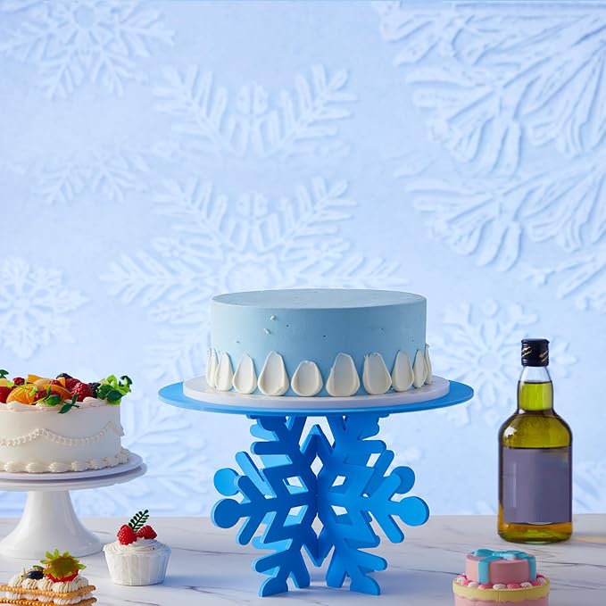 Lallisa 12" Blue Snowflake Frozen Cake Stand 3D Snowflake PVC Cake Decorations with Engraved Snow Themed Holder Winter Dessert Stand Centerpieces for Frozen Winter Birthday Party Supplies