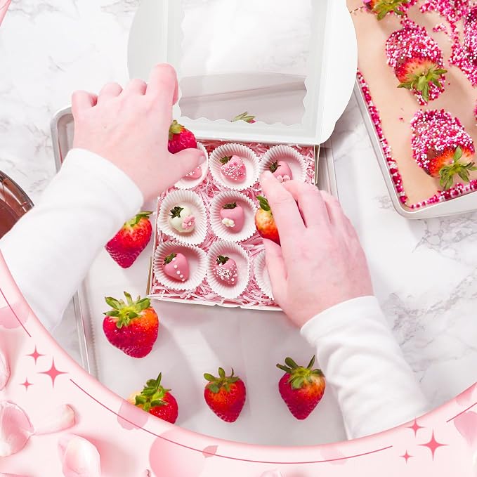 20 Pack Mother's Day Chocolate Covered Strawberry Boxes with Window 9 x 9 x 2.5 Inches Cookie Bakery Bulk White Macarons Treat Gift Boxes for Muffins Dessert Party Favors