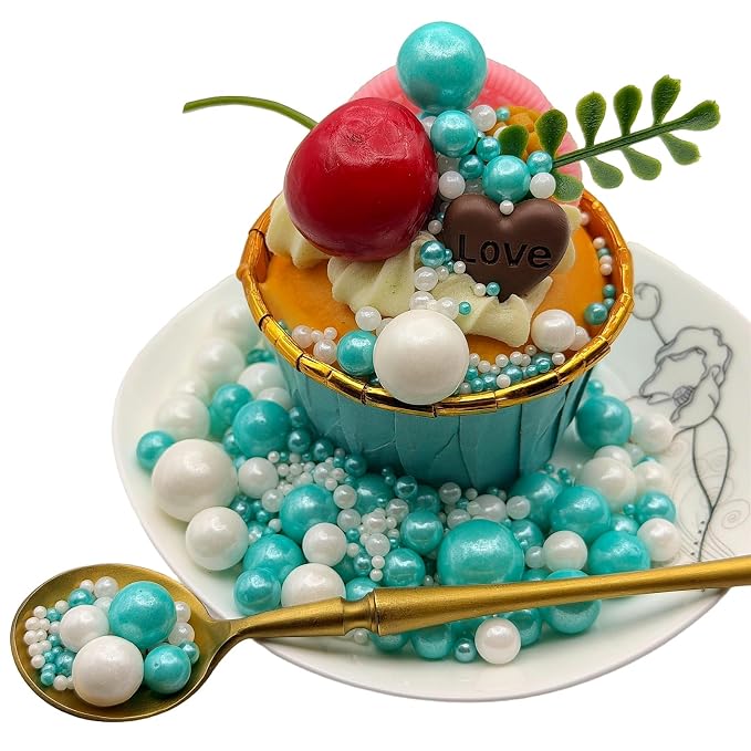 CandiJumpin Edible Pearls for Cake Decorating, Teal and White Pearl Sprinkles Teal Sugar Pearls Edible Cake Decorations White Pearl Sugar Sprinkles Cupcake Toppers Baby Shower Party Birthday Wedding Christmas Supplies 3 OZ