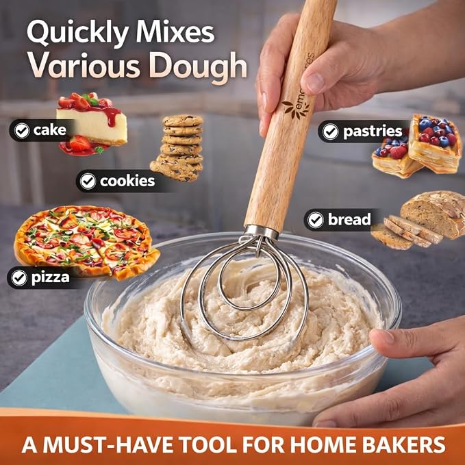 Danish Dough Whisk for Sourdough – Thick Stainless Steel Dutch Whisk with Ergonomic Oak Handle – Heavy-Duty Dough Mixer for Bread & Baking