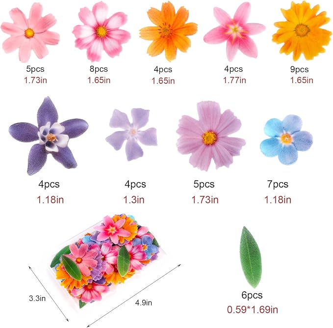 Edible Flowers Cake Decorations - Edible Flowers & Leaves Cake Topper Set of 60PCs, Wafer Paper Flower Cupcake Toppers for Wedding Birthday Party Cake Decorating (Mixed Size & Colour)