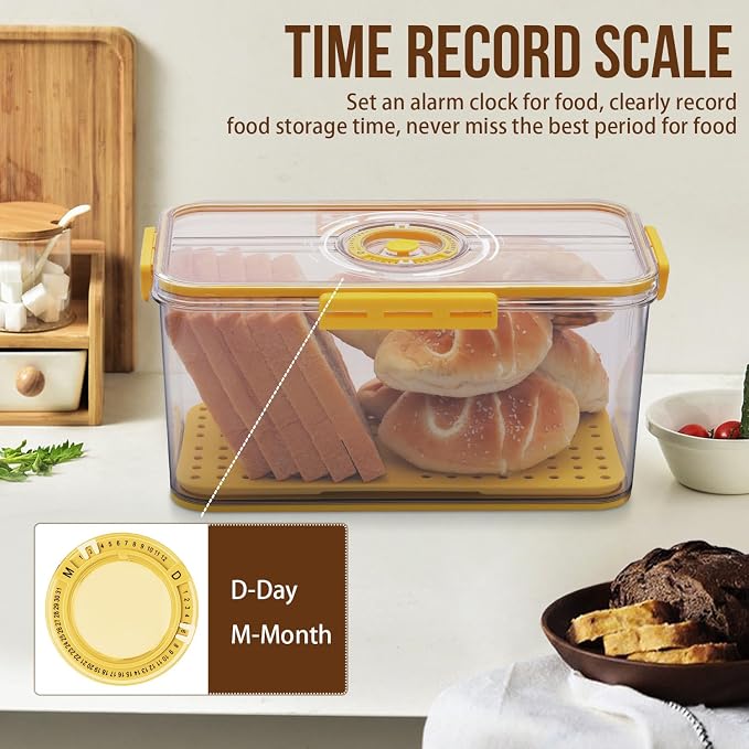 Gifhomfix Bread Box Airtight Bread Boxes for Kitchen Counter, Time Recording Bread Storage Container with Lid, Bread Holder for Homemade Bread, Toast, Bagel, Donut and Cookies, Yellow