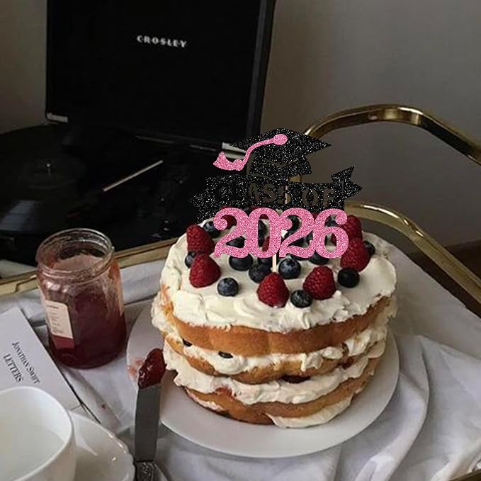 1 Pack Class of 2026 Cake Toppers Graduation Girl Cake Picks Glitter 2026 Graduation Cake Decorations for Theme High School Girls Graduate Cake Decorations Party Supplies Pink