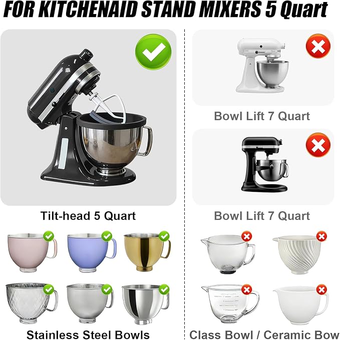 Foldable Silicone Liners for 5 Qt KitchenAid Tilt-Head Stand Mixer(Only), Odourless,Thicker, Cold/Heat-Resistant & Non-Stick, Easy Clean, Set of 2 with Lids, 1Splash-proof Bowl Lid