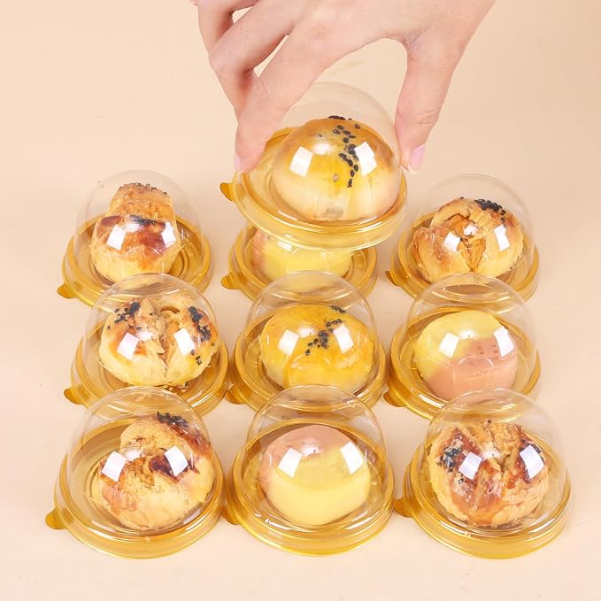 50 Pcs Mini Cake Containers with Clear Dome Lids, Clear Plastic Small Desserts Cupcake Boxes for Individual Chocolate Covered Cookies, Strawberry, Mooncake，Cheesecake, Cocoa Bomb (Gold)
