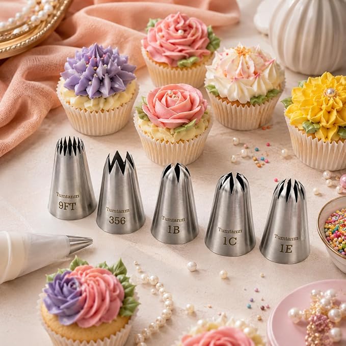 5 Pack Extra Large Piping Nozzles, 9FT 1B 1C 1E 356# Seamless Stainless Steel Piping Icing Tips for Cupcake