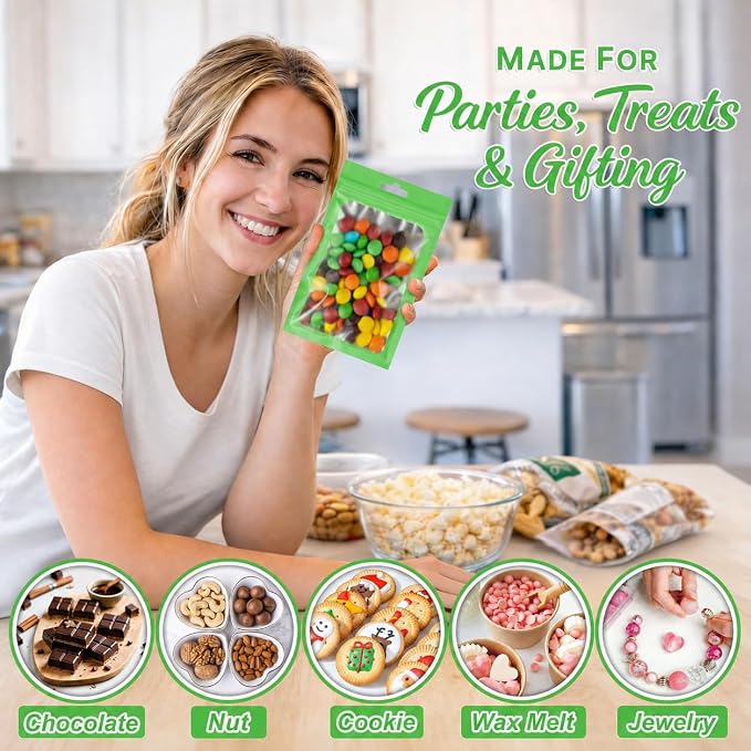 ANZNKU 100 Pack Lime Green Resealable Mylar Bags with Frosted Clear Window 4.72x7.1", Smell Proof Sealable Packaging Bags for Small Business, Foil Pouch Zip Goodie Bag for Candy Treat Jewelry
