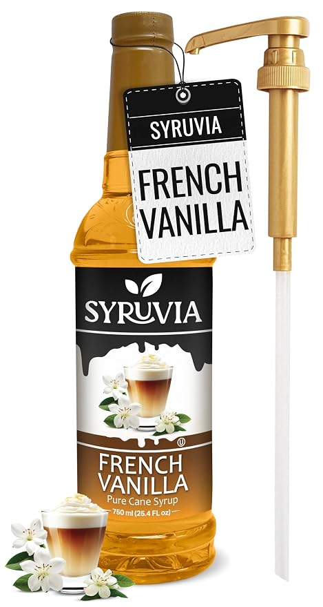 Syruvia Coffee Syrup, French Vanilla Flavored Syrup for Drinks, Lattes, and Desserts – 25.4 fl oz - with Pump