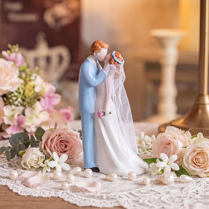 Remerry 4.5" Wedding Bride and Groom Cake Topper Vintage Elegant Wedding Cake Topper Couple Figurine Novios Para Pastel for Engagement Romantic Funny Couple Statue Anniversary(Blue Dream,White)
