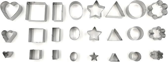 Mini Multi Shape Fondant Cutters Set – 24 Pc Set 430 Stainless Steel - Great for Fondant and Crafting Clay- Stars, Hearts, Flowers, 5 type of Geometric Shape