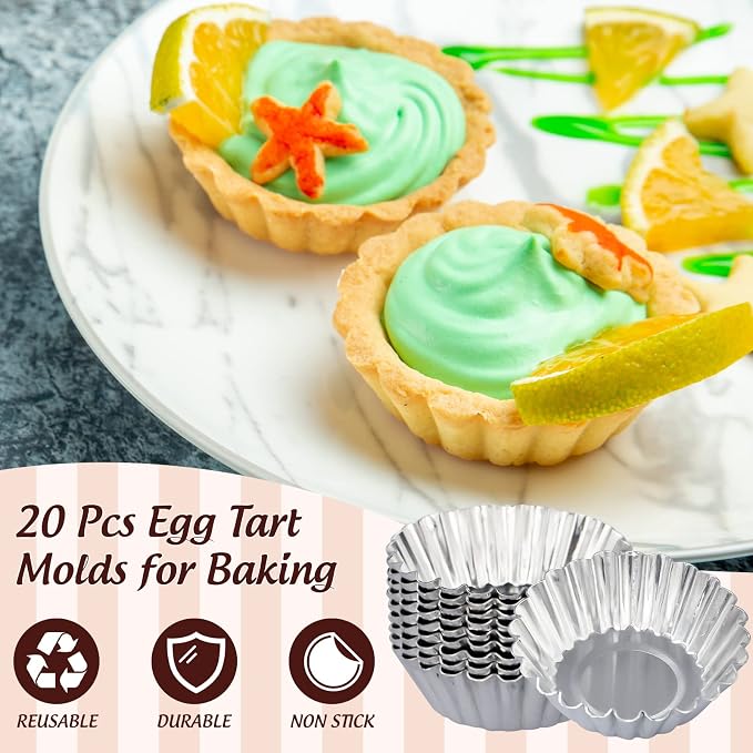 20 Pack Egg Tart Pans, 2.6 x 0.8in Small Metal Cupcake Pans Pie Cookie Muffin Tins Reusable Baking Mold Cups