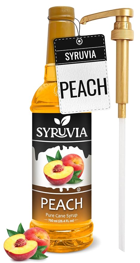 Syruvia Peach Syrup, Flavored Syrup for Cocktails, Fruit Drinks, Lemonades, and Desserts – 25.4 fl oz - with Pump