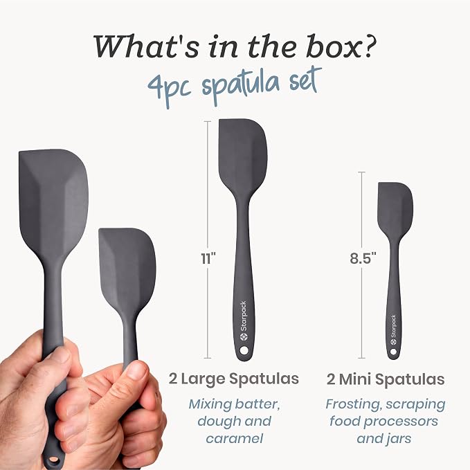 Starpack 'Scrape and Stir' Silicone Rubber Spatula Set (4-Piece) - LFGB Non Toxic, 600°F Heat Resistant, BPA-Free, One-Piece Kitchen Baking Spatulas - Dishwasher Safe for Nonstick Cookware Gray Black
