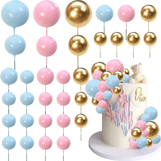 Ball Cake Topper Ball Cake Picks Colorful Pearl Ball Shaped Cupcake Insert Cake Topper for Bear Theme Birthday Party Favors Wedding Decoration Supplies (Gold Pink Blue)