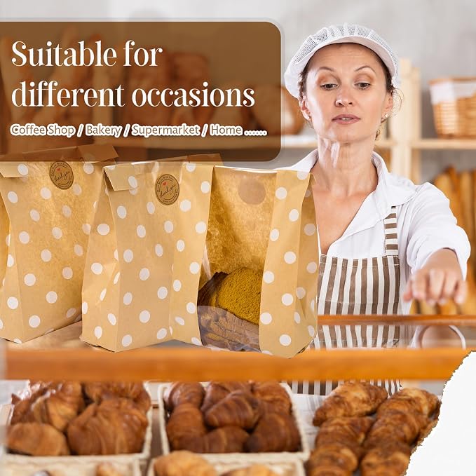 Feifeiya 100 Pack Kraft Paper Bread Bags for Homemade Sourdough Bread with Window & Stickers, 13.7x8.3 Large Bakery Bags for Loaves Greaseproof Food Packaging for Baking Gifts, Brown(Classic)