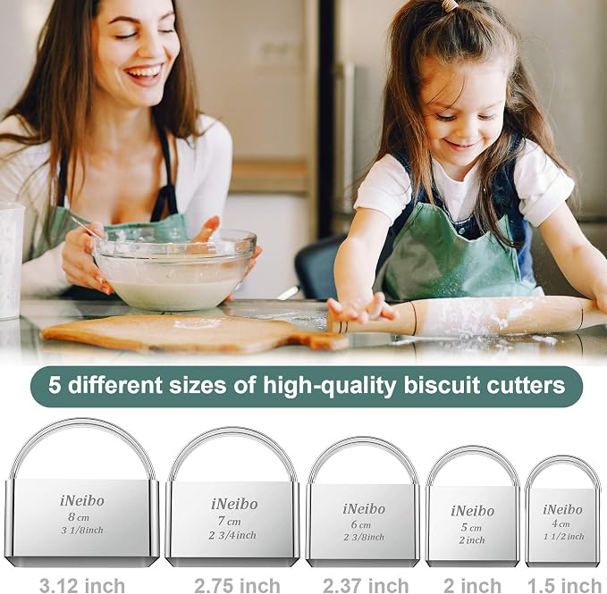 iNeibo Biscuit Cutter Set (5 Pcs/Set), Square Cookies Cutters with Handle, Professional Stainless Steel Pastry Dough Tools Metal Baking Tools Set