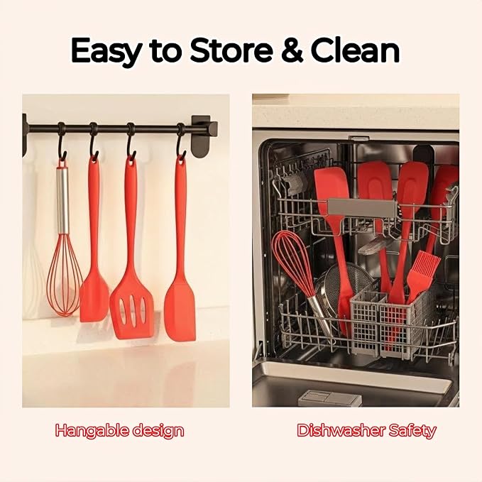 6-Piece Silicone Spatula Set, Heat Resistant Up to 230°C, Non-Scratch Non-Stick Cookware, Seamless One-Piece Design,with Pastry Brush for Baking Cooking Mixing (Red)