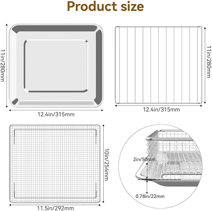 3PCS Air Fryer Replacement Tray for Cuisinar TOA-060/065 Toaster Oven Parts | Air Fryer Tray and Basket for Oven, Steel Baking Sheet Pan with Wire Rack Accessories for Cooking Bread and Broiling,NonStick