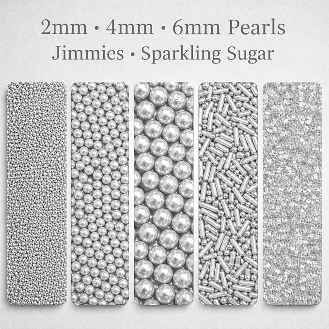 Confect Silver Pearl Christmas Sprinkles for Cakes & Cupcakes Decoration | Assorted Pack of 5 Metallic Shine Sliver Sprinkle Mix Dragees, Jimmies & Sparkling Sugar | Vegan, Gluten-Free, Soy-Free, Dairy-Free, Palm Oil-Free- 5 Oz