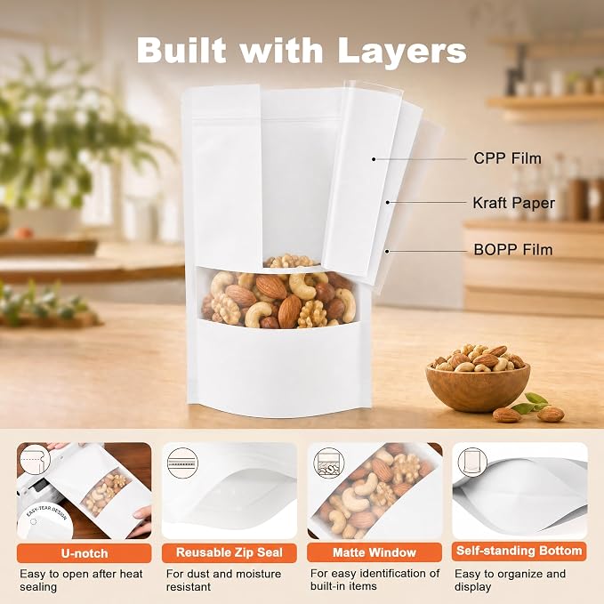 FireKylin 100 Pcs Resealable Bags, Paper Stand Up Pouches Bags with Matte Window for Small Businness, Zipper & Heat Sealable Treat Bags for Packaging(Inner Size 6.1" x 6.5"; Outer Size 6.7" x 9.4")