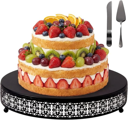 Wenqik Black Cake Stand 14 Inch Metal Round Cupcake Dessert Wedding Cake Stand with Cutting & Spatula Cookies Display Holder Fruit Serving Tray for Table Wedding Birthday Anniversary Party