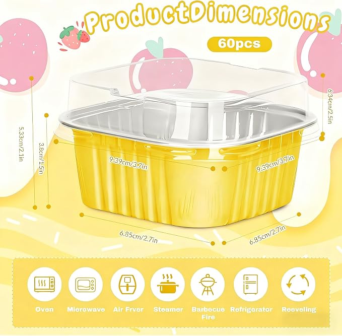 60Pack 5oz Gold Mini Cake Pans with Lids Baking Cups Aluminum Foil Pans Tins, Individual Dessert Cups Containers for Sales,Party,Picnics