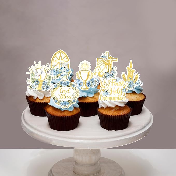 60 PCS Edible God Bless Cupcake Toppers Dove Cross Cupcake Picks Edible Floral First Communion Cake Decorations for Religious Gold Bless Baptism Theme Baby Shower Birthday Party Supplies Blue