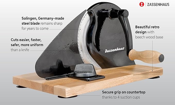 Zassenhaus Original Classic Adjustable Bread Slicer for Uniform Slices - Bread Slicer for Homemade Bread - 18/8 Stainless Steel Blade Sourdough Cutter - Red, 11.75" x 8"
