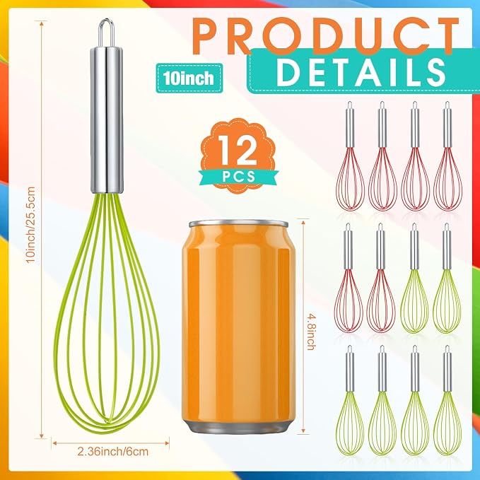 FoldTier 12 Pcs Christmas Whisks Gifts Set 10 Inch Silicone Balloon Whisks with Stainless Steel Handle for Holiday Baking, Xmas Kitchen Cooking Tools, Christmas Wisks Ornaments for Party Favors