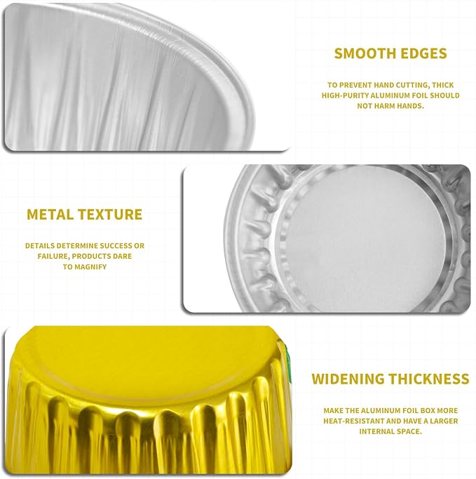 Graduation Party 50Pcs Mini Aluminum Foil Cupcake,5oz Baking Cups with Lids,Mini Cake Pans Disposable,Loaf Pans with Lids,Disposable Ramekins,Tin Cups Containers for Cupcake,Pudding,Muffin (Gold)