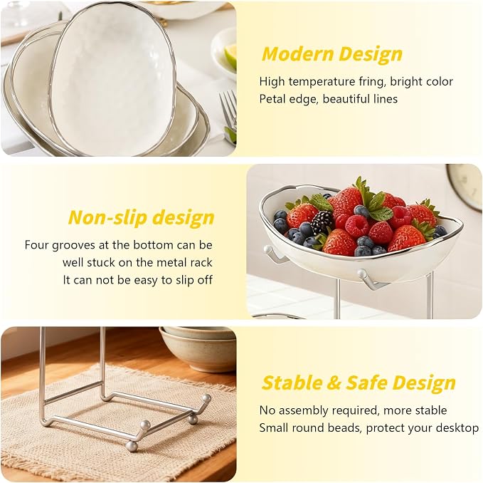jessie 2 Tier Ceramic Fruit Bowl for Kitchen Counter with Metal Rack, Fruit Basket with Stand, Porcelain Bowls for Vegetable Bread Candy Snack Nuts Dessert Cake Tray (Silver 2 layer)