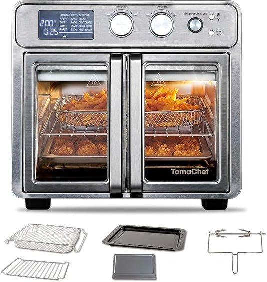 TomaChef 26QT French Door Air Fryer Toaster Oven Combo, 15 Cooking Functions including Rotisserie, and Digital Controls, 30 Recipes & 5 Accessories, Stainless Steel Finish