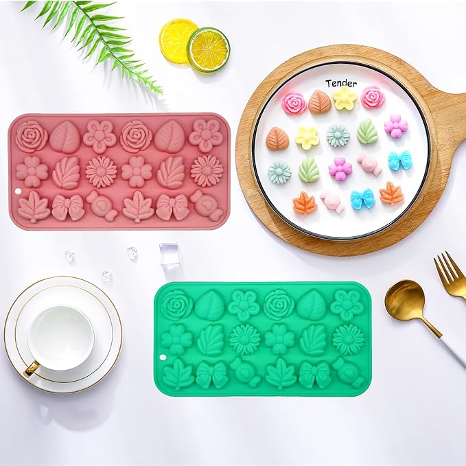 Candy Molds Silicone - 2Pcs Silicone Gummy Daisy Flower/Tulip Flower/Bow Tie/Leaf Candy Mold for Candy Chocolate Gummy Jello Baking Soap Pudding Cookie Desserts Making