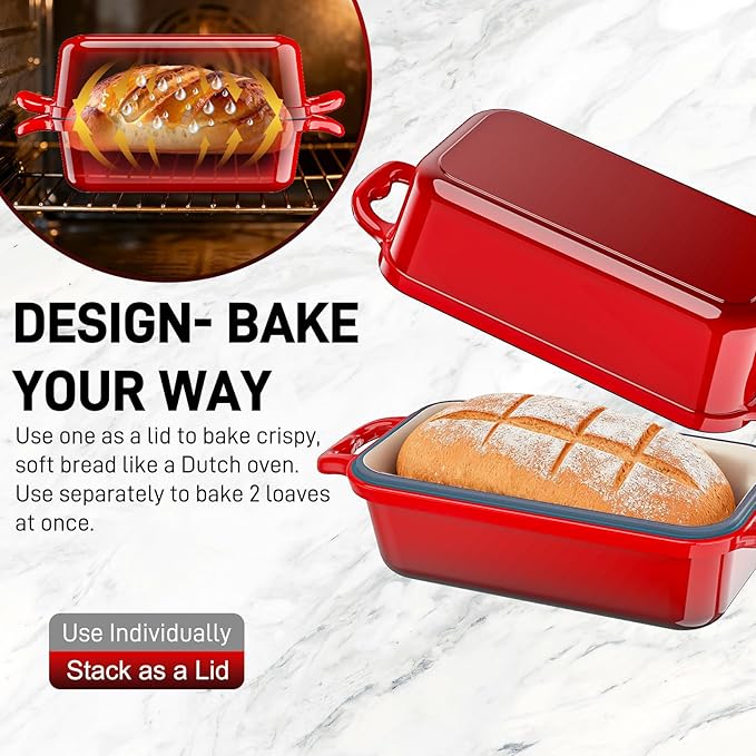 Enameled Cast Iron Dutch Oven for Sourdough Bread Baking, 8.5 x 4.5Inch Oval Cast Iron Bread Pan with Lid, 2PCS Dutch Oven for Homemade Sourdough Baking, Meatloaf Pan, Oven Safe, Red