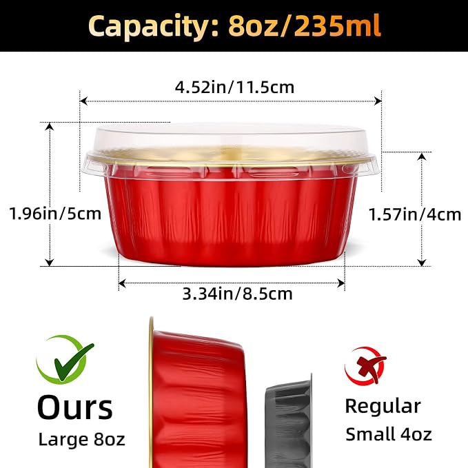 Beasea 8oz Disposable Ramekins with Lids, 120 Pack 235ml Aluminum Foil Baking Cups, Round Muffin Mini Creme Brulee Cups Tins Individual Cupcake Containers for Party Wedding - Red Gold