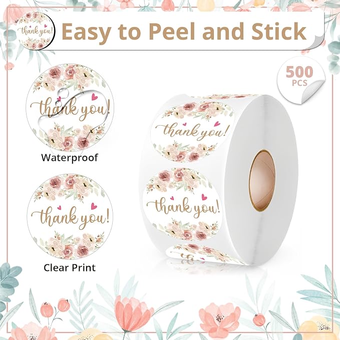 PNTKION Stickers Rolls, 500 PCS Cute Floral Thank You Stickers, Business Aesthetic, Convenient Durable, Unique Design, Wide Applications, Satisfaction Guarantee