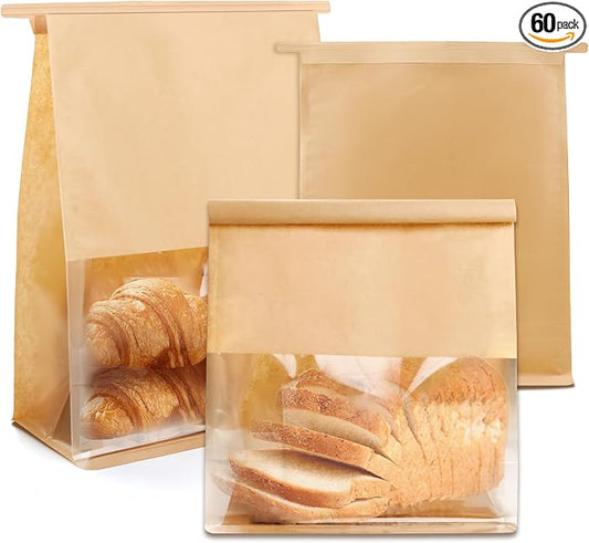 60 Pcs Bread Bags for Homemade Bread, Sourdough Paper With Window, 4.2x8.6x11.3 Inches Ties Tab Lock Large Paper Bakery Packaging Bags for Home Bakers and Bakery Owners