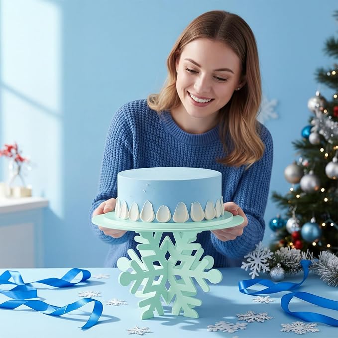 Lallisa 12" Snowflake Frozen Cake Stand Light Green 3D Snowflake PVC Cake Decorations with Engraved Snow Themed Holder Dessert Stand Centerpieces for Frozen Winter Birthday Party Supplies