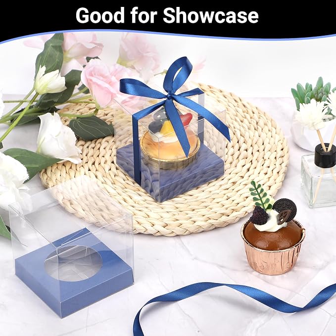 EUSOAR Cup Cake Boxes Individual, 12 Pcs 3.5 Inch Clear Single Individual Pastry Cupcake Containers with Inserts, Dessert Muffin Holder Disposable Cake Carrier for Wedding Party Favor Decor-Royal Blue