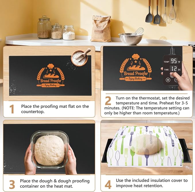 Yinsun Sourdough Warmer Bread Proofer with 24H Timer and Insulating Cover, 32°F - 122°F Adjustable Sourdough Warming Mat, Sourdough Starter Kit for Home Baker with Dough Scraper & Whisk