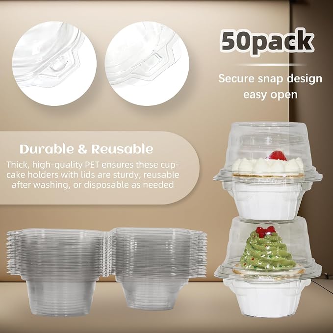 WIKDAY 50 Pcs Individual Cupcake Containers, Clear Plastic Cupcake Holders with Lids, Spacious 3" Design for Frosted Cupcakes, Stackable & Reusable for Parties, Baking, Picnics