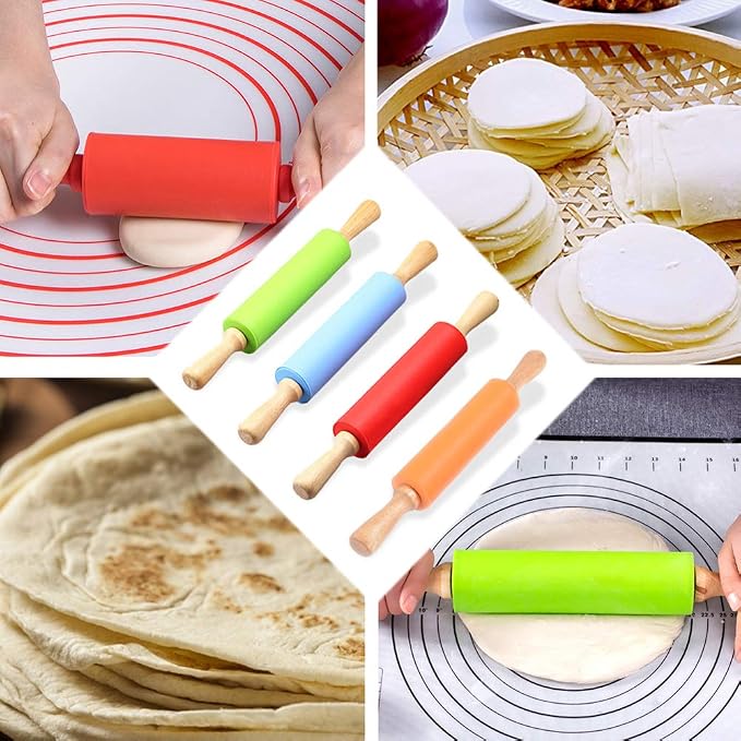 1 Piece Small Silicone Rolling Pin Nonstick Silicone Roller Pin Wooden Handle Pizza Roller Tortilla Dough Roller for Baking Home Kitchen Cake Bread Cookie Dumpling, 9 Inch, Red